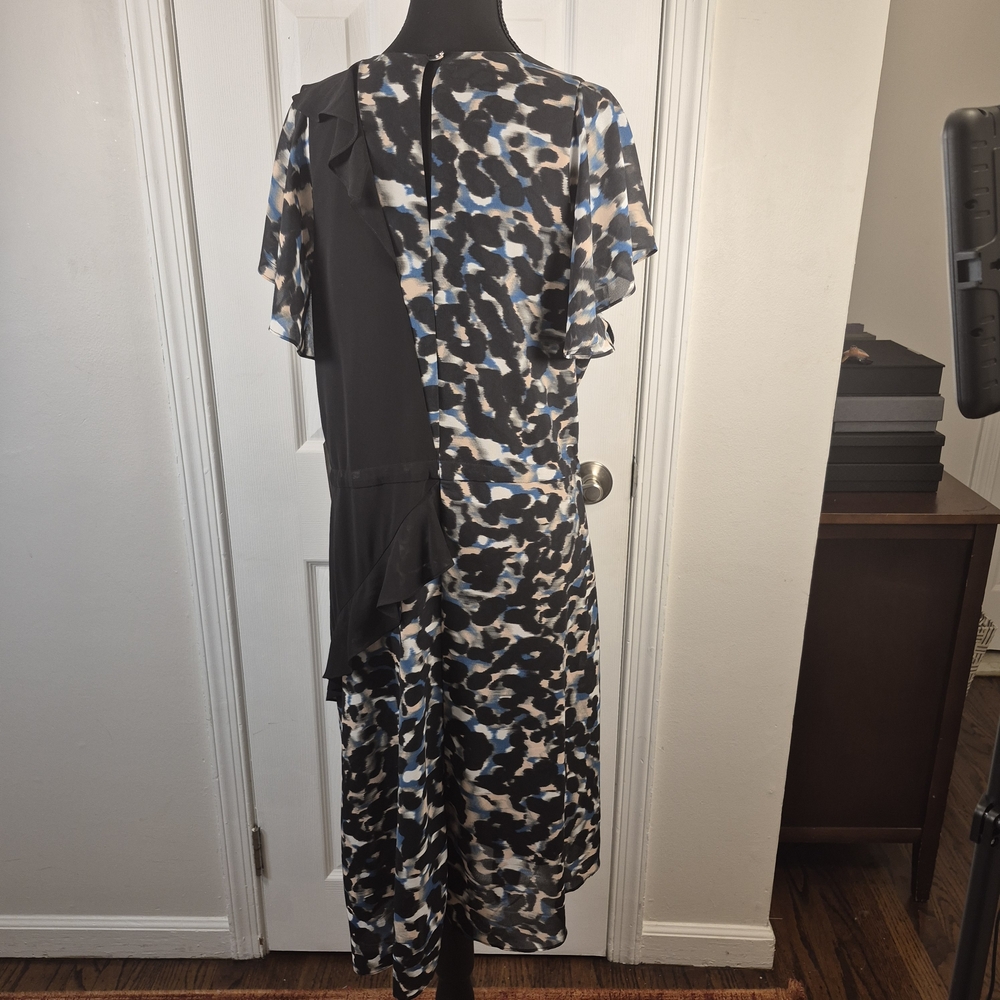 Rachel Roy XL Elegant Black Blue Animal Mixed Print Wrap Dress Ruffle Midi - Picture 5 of 8